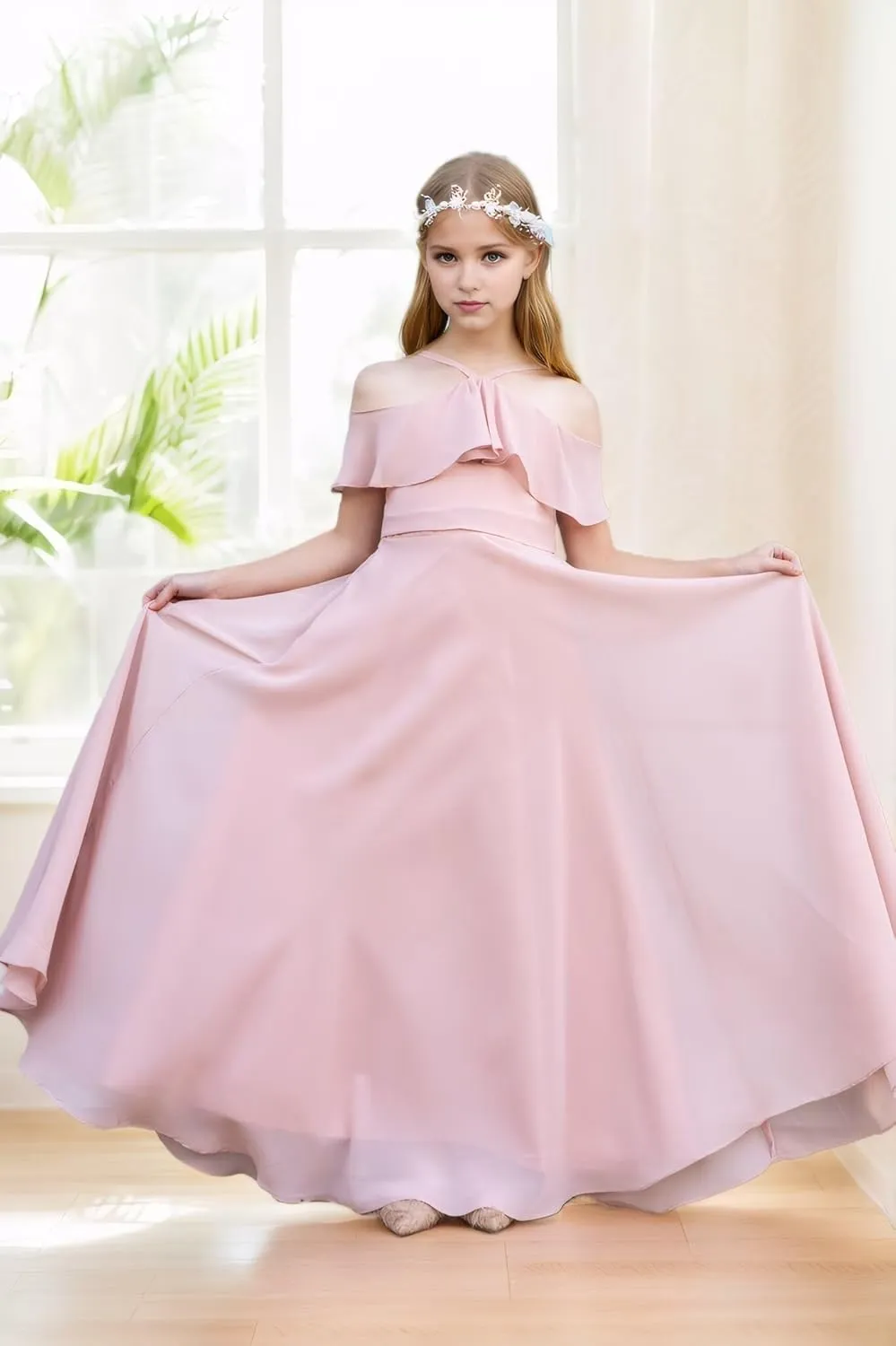 Junior Bridesmaid Dresses Flower Girl Dress Chiffon Maxi Sleeveless A-line for Wedding Teen Girls Party Gowns
