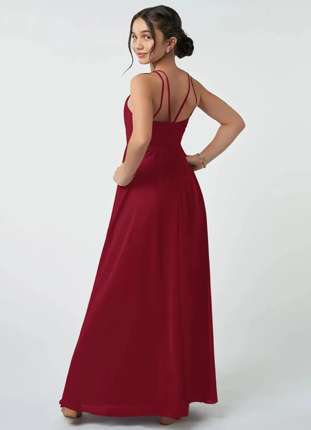 Junior Girls Bridesmaid Dress for Wedding Chiffon Halter Flower Girl Dresses for Teen with Slit