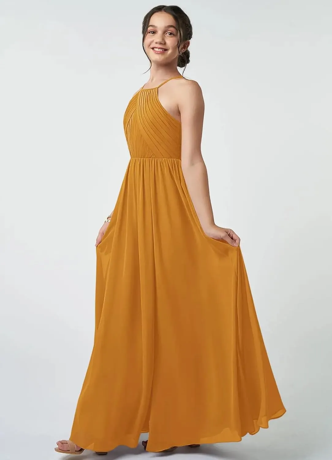 Junior Girls Bridesmaid Dress for Wedding Chiffon Halter Flower Girl Dresses for Teen with Slit