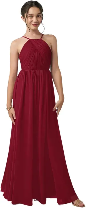 Junior Girls Bridesmaid Dress for Wedding Chiffon Halter Flower Girl Dresses for Teen with Slit