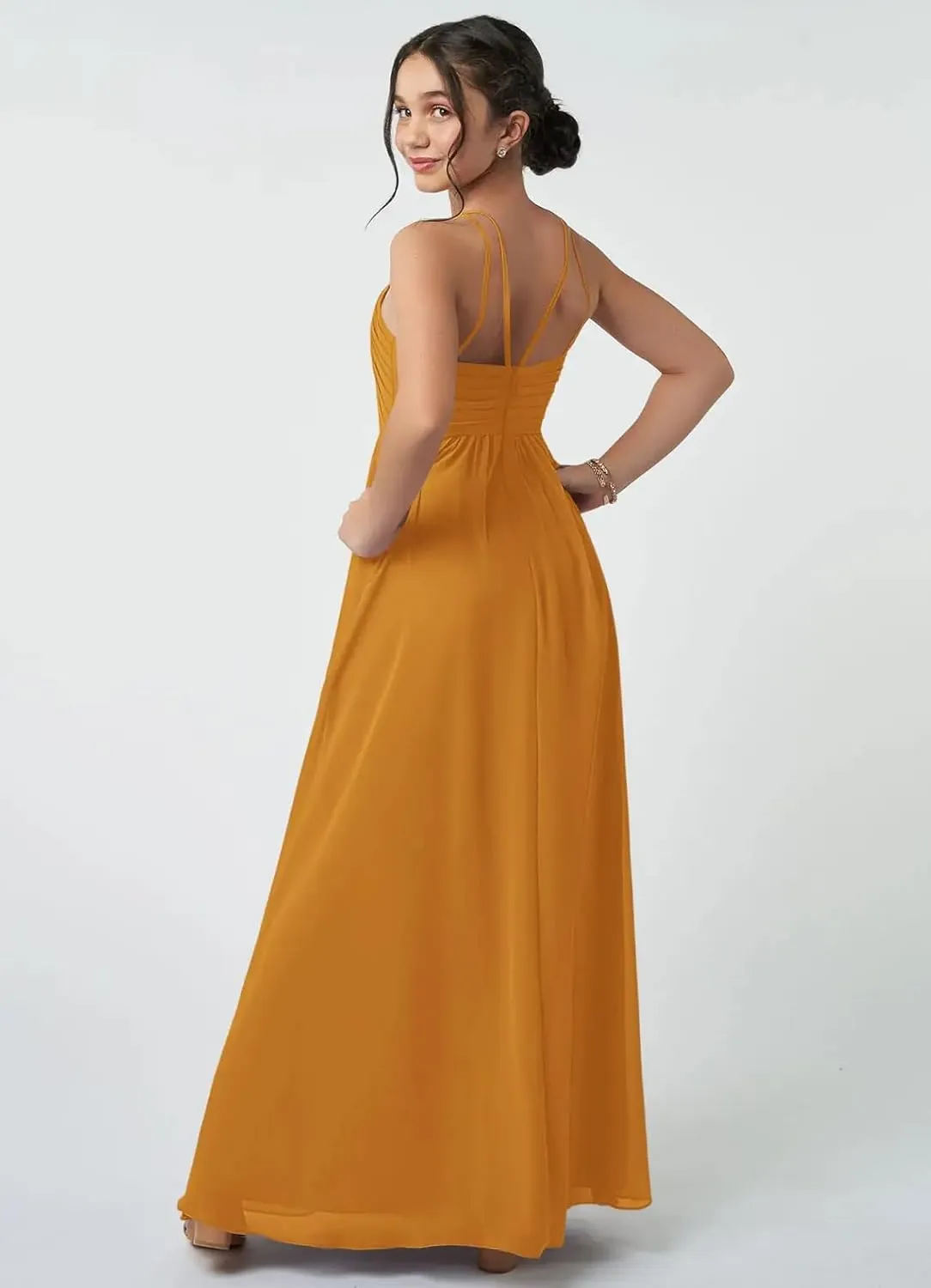 Junior Girls Bridesmaid Dress for Wedding Chiffon Halter Flower Girl Dresses for Teen with Slit