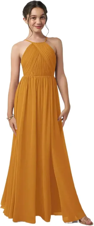 Junior Girls Bridesmaid Dress for Wedding Chiffon Halter Flower Girl Dresses for Teen with Slit