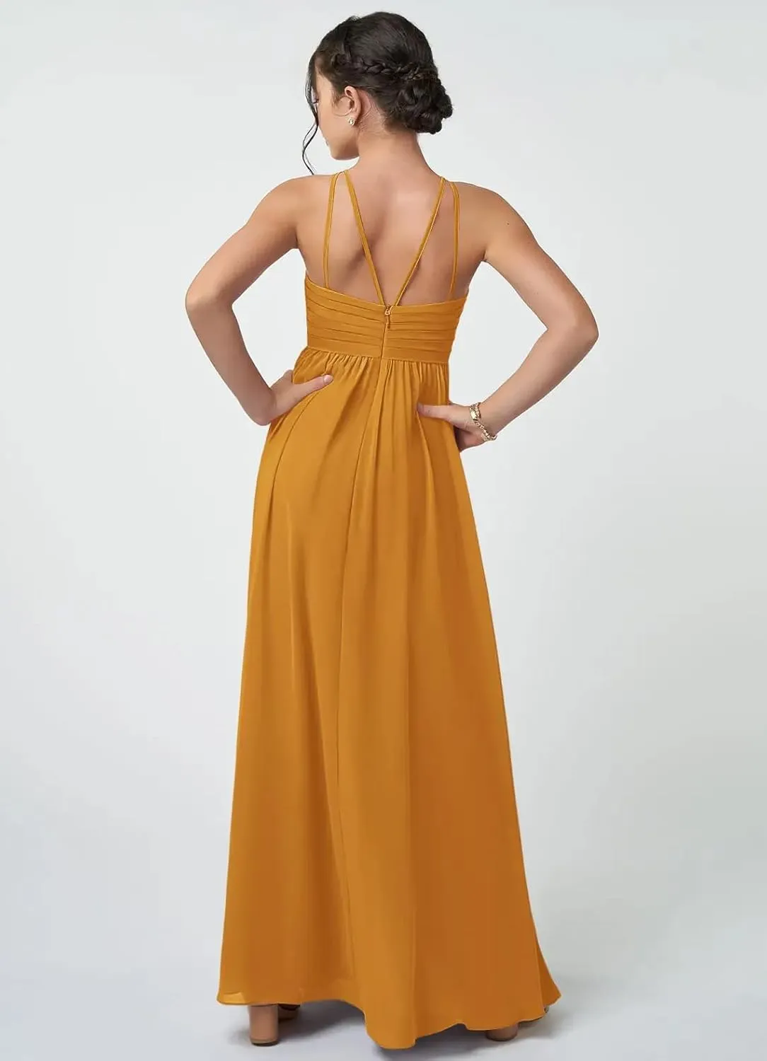 Junior Girls Bridesmaid Dress for Wedding Chiffon Halter Flower Girl Dresses for Teen with Slit