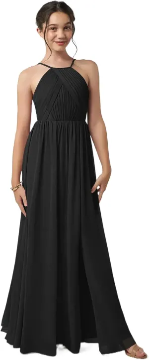 Junior Girls Bridesmaid Dress for Wedding Chiffon Halter Flower Girl Dresses for Teen with Slit