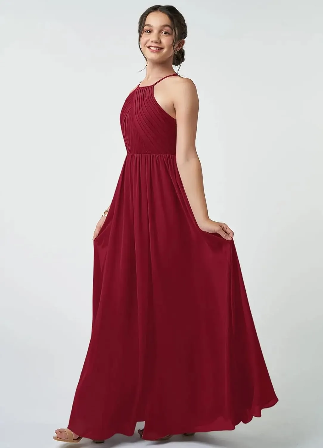 Junior Girls Bridesmaid Dress for Wedding Chiffon Halter Flower Girl Dresses for Teen with Slit