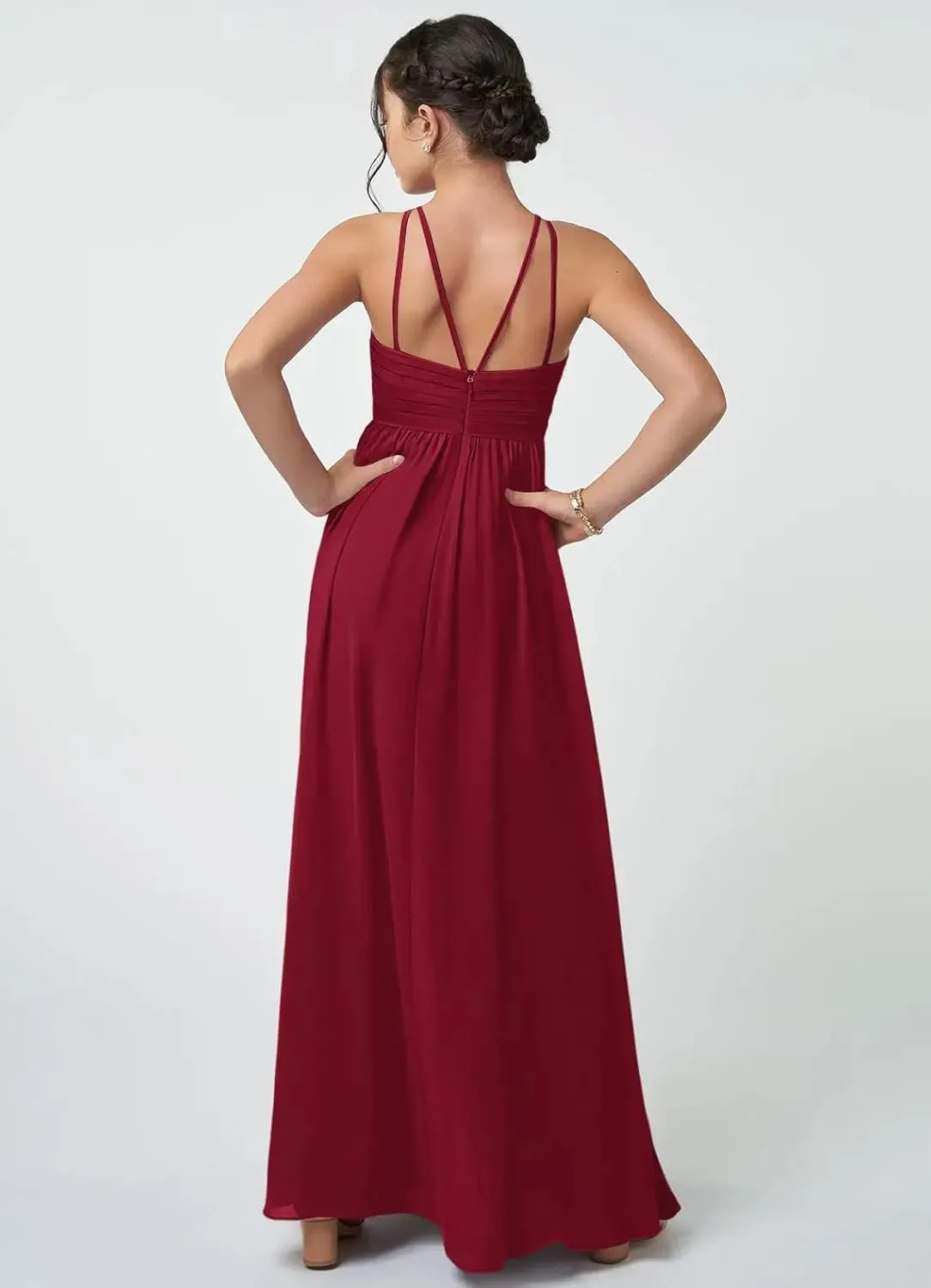 Junior Girls Bridesmaid Dress for Wedding Chiffon Halter Flower Girl Dresses for Teen with Slit