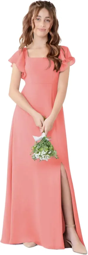 Junior Girls Bridesmaid Dress for Wedding Chiffon Short Sleeve Flower Girl Dresses for Teen with Slit JR001