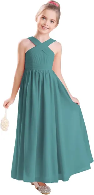 Junior Girls Bridesmaid Dress for Wedding Chiffon Sleeveless Flower Girl Dresses for Teens Pageant Gowns