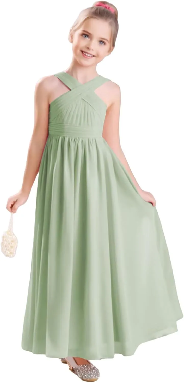 Junior Girls Bridesmaid Dress for Wedding Chiffon Sleeveless Flower Girl Dresses for Teens Pageant Gowns