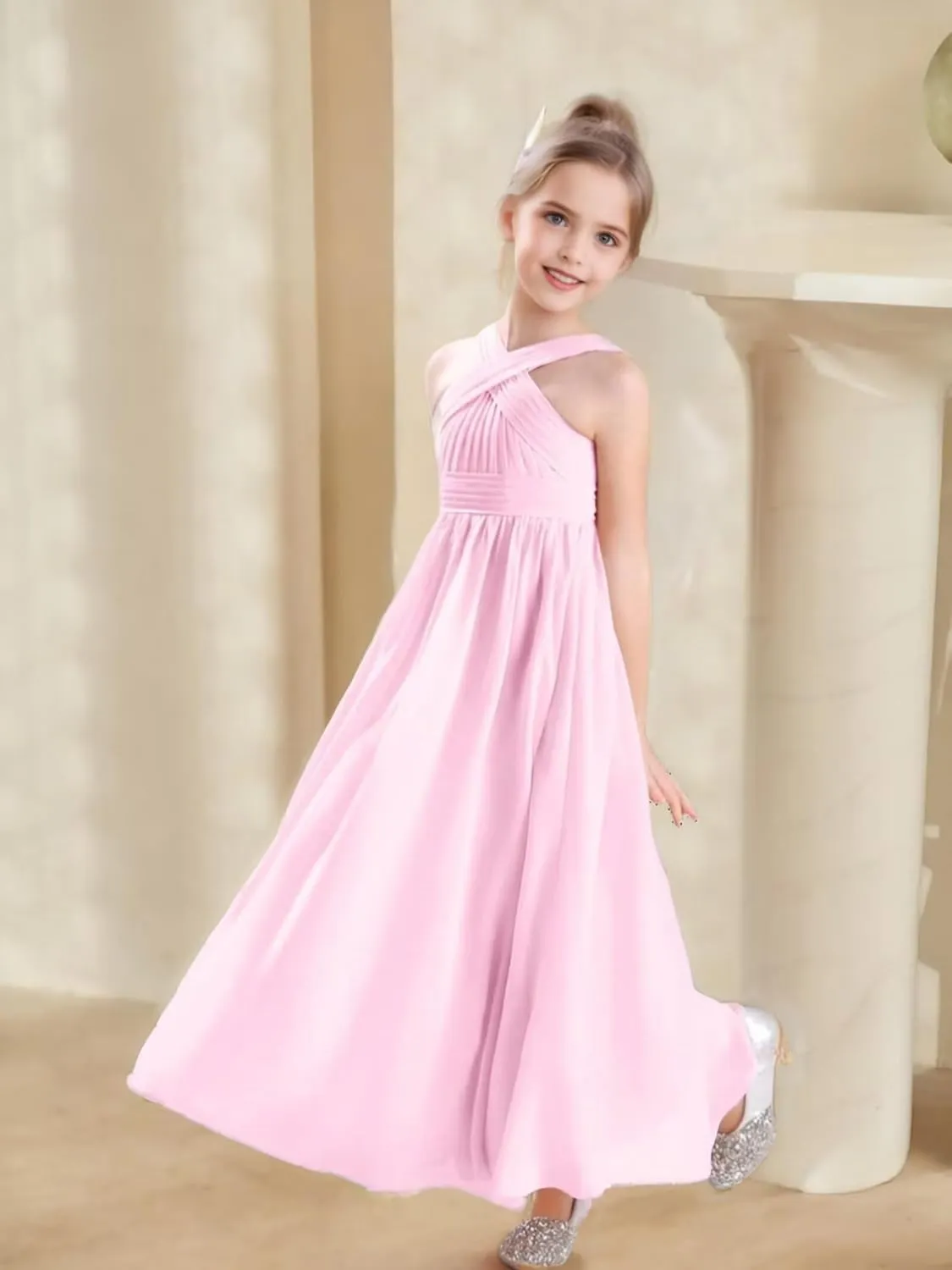 Junior Girls Bridesmaid Dress for Wedding Chiffon Sleeveless Flower Girl Dresses for Teens Pageant Gowns
