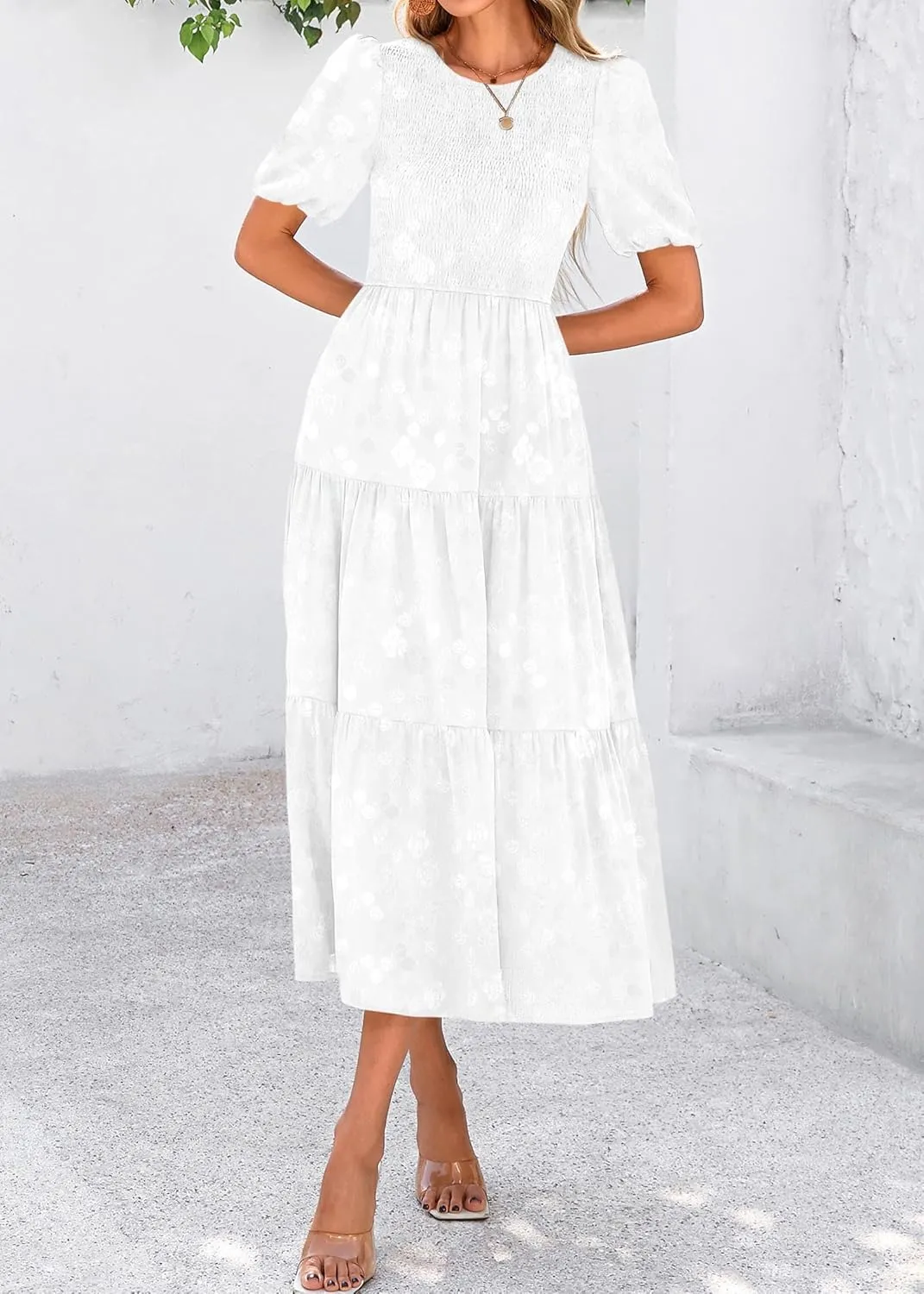 KIRUNDO Womens Summer Dresses Wedding Guest Floral Midi Sundress Short Puff Sleeve Flowy A Line Smocked Tiered Boho Dress