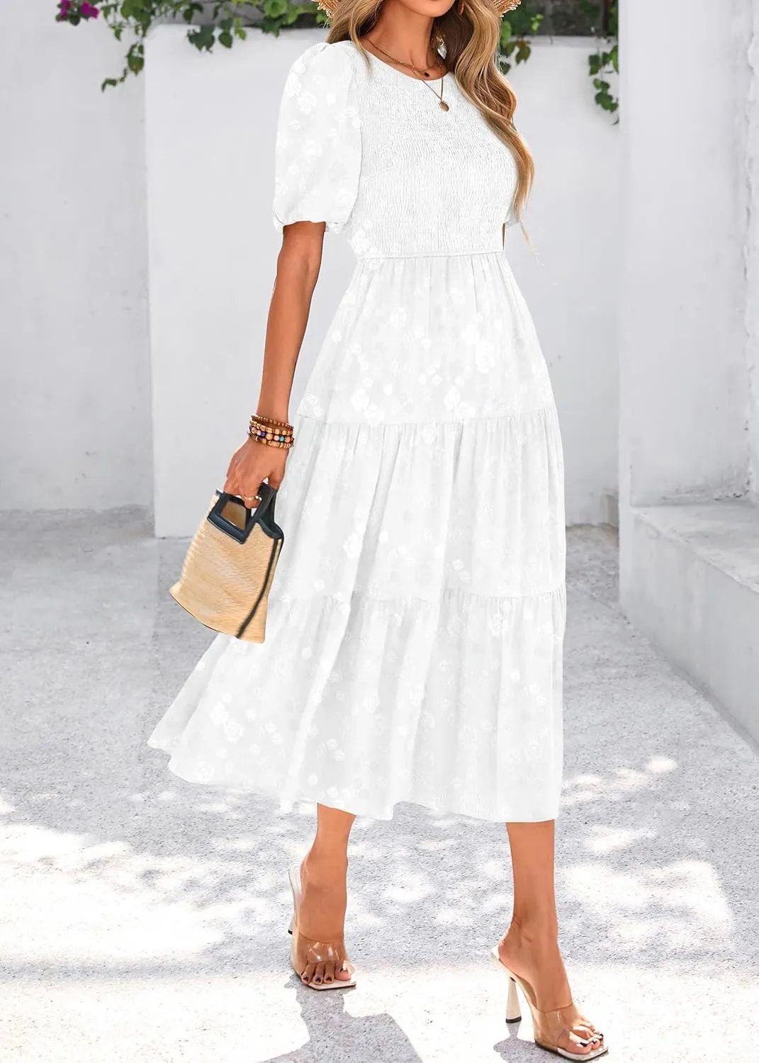 KIRUNDO Womens Summer Dresses Wedding Guest Floral Midi Sundress Short Puff Sleeve Flowy A Line Smocked Tiered Boho Dress