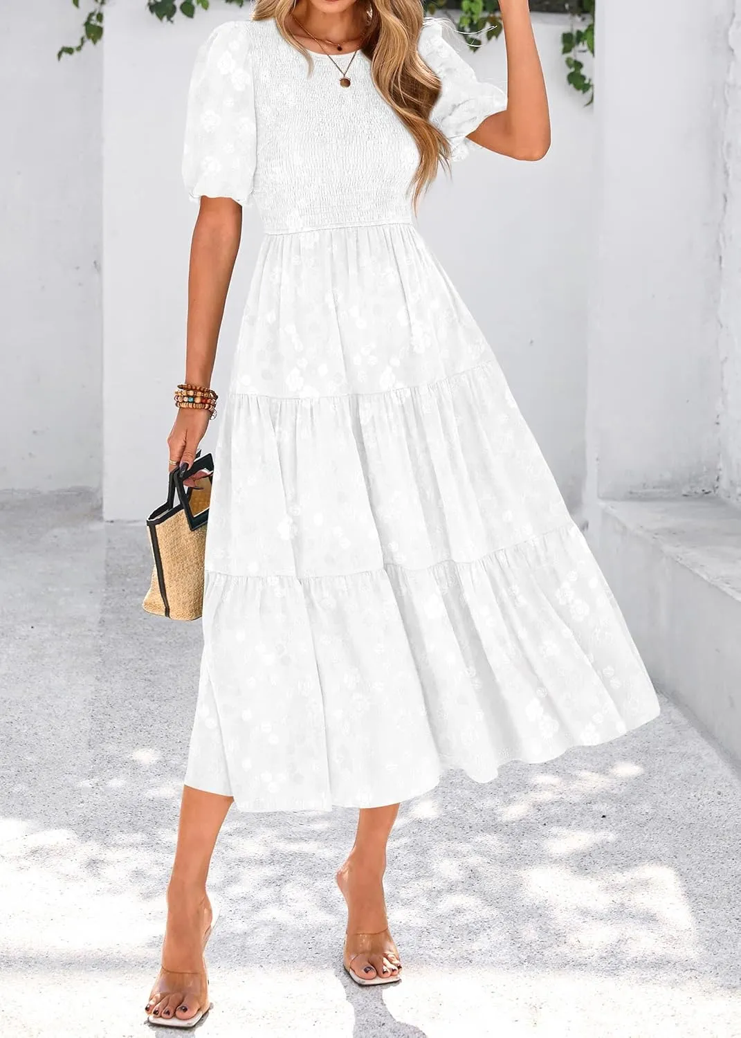 KIRUNDO Womens Summer Dresses Wedding Guest Floral Midi Sundress Short Puff Sleeve Flowy A Line Smocked Tiered Boho Dress