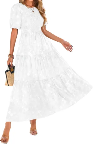 KIRUNDO Womens Summer Dresses Wedding Guest Floral Midi Sundress Short Puff Sleeve Flowy A Line Smocked Tiered Boho Dress