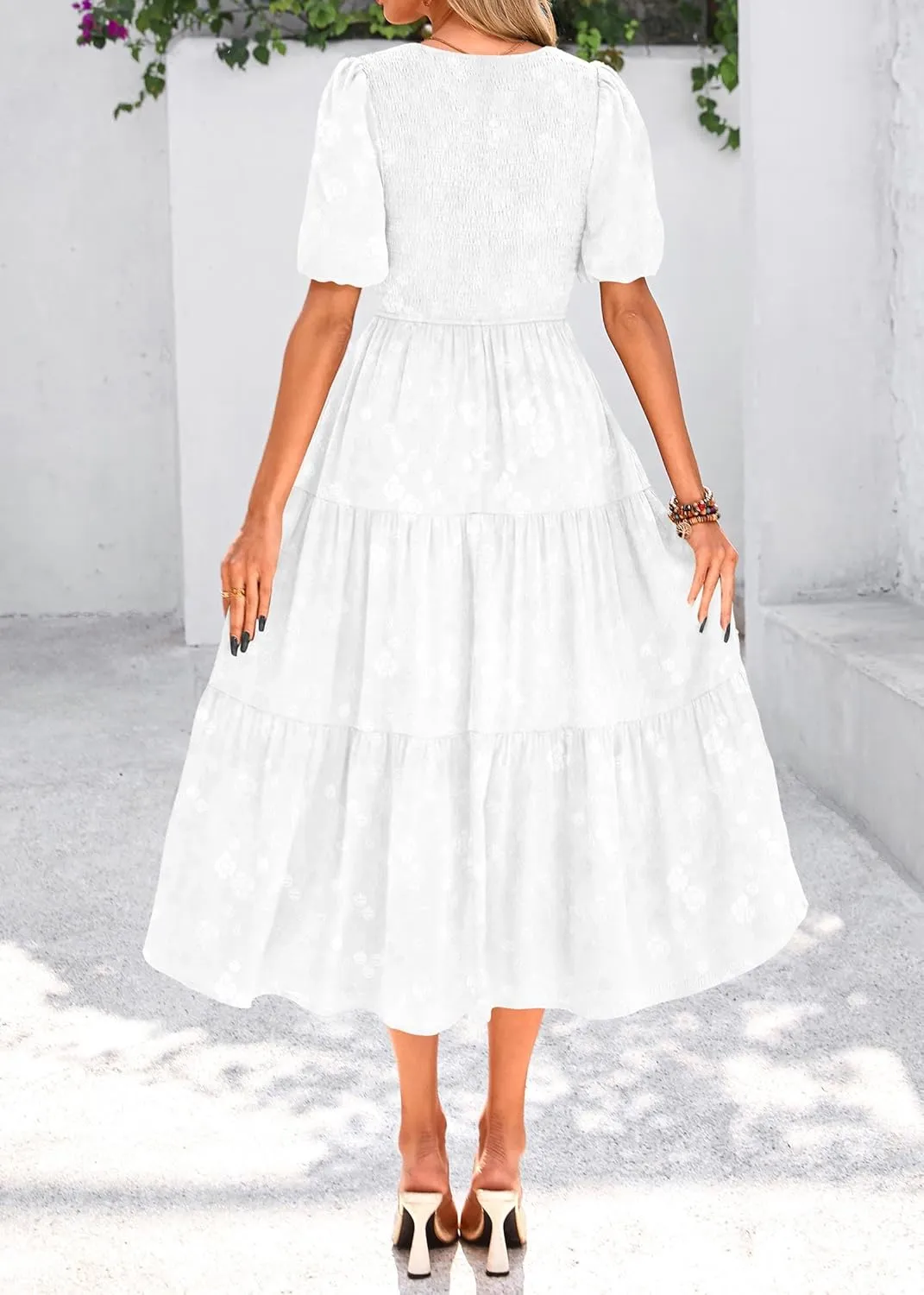 KIRUNDO Womens Summer Dresses Wedding Guest Floral Midi Sundress Short Puff Sleeve Flowy A Line Smocked Tiered Boho Dress