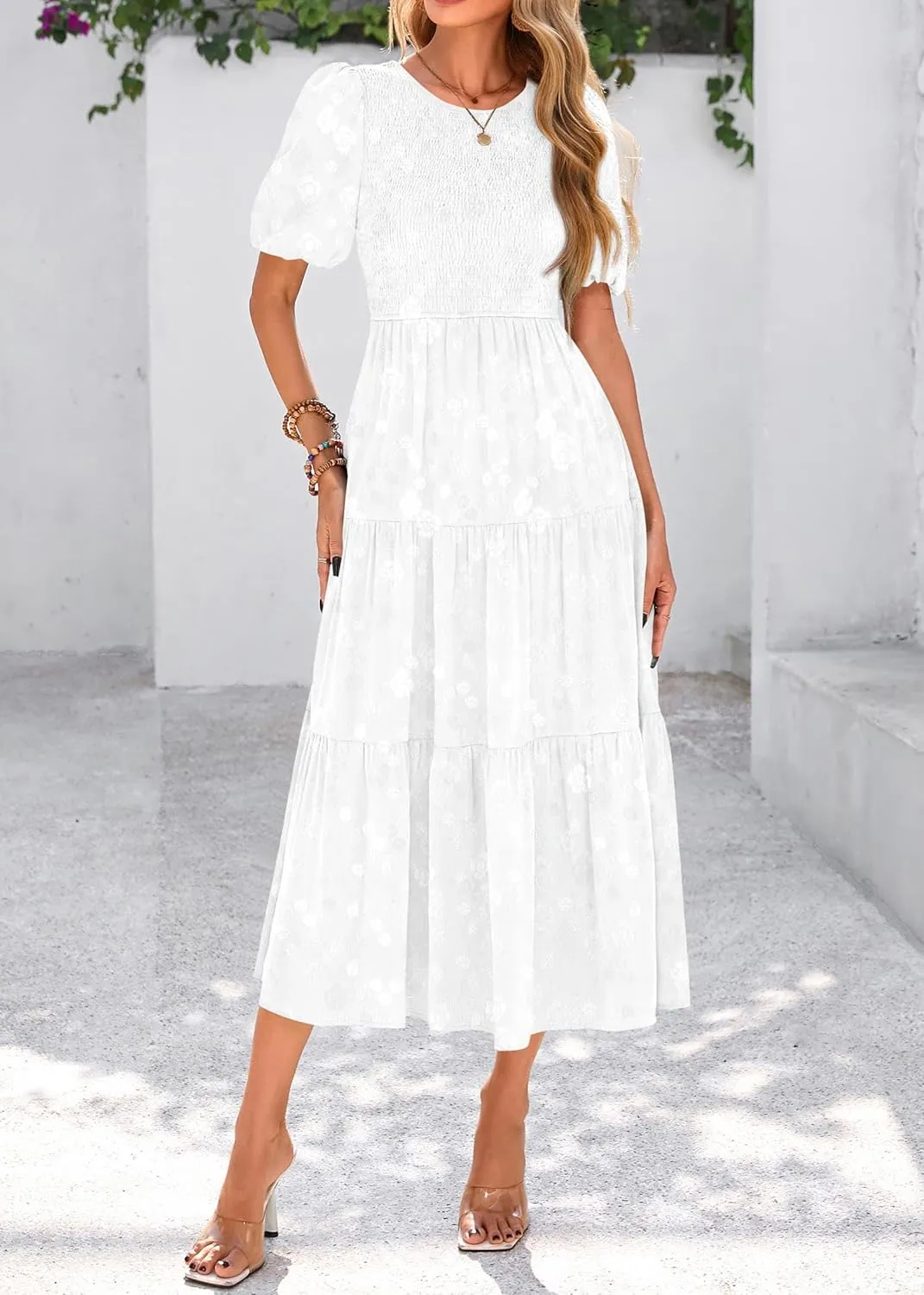 KIRUNDO Womens Summer Dresses Wedding Guest Floral Midi Sundress Short Puff Sleeve Flowy A Line Smocked Tiered Boho Dress