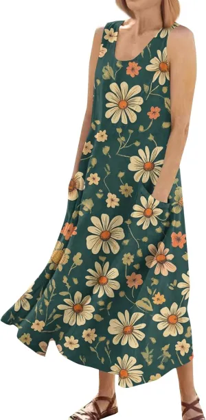 KUIOLYPOER Women Summer Dresses 2025 Casual Button V Neck Pocket Holiday Dress Floral Sundress Boho Beach Dress