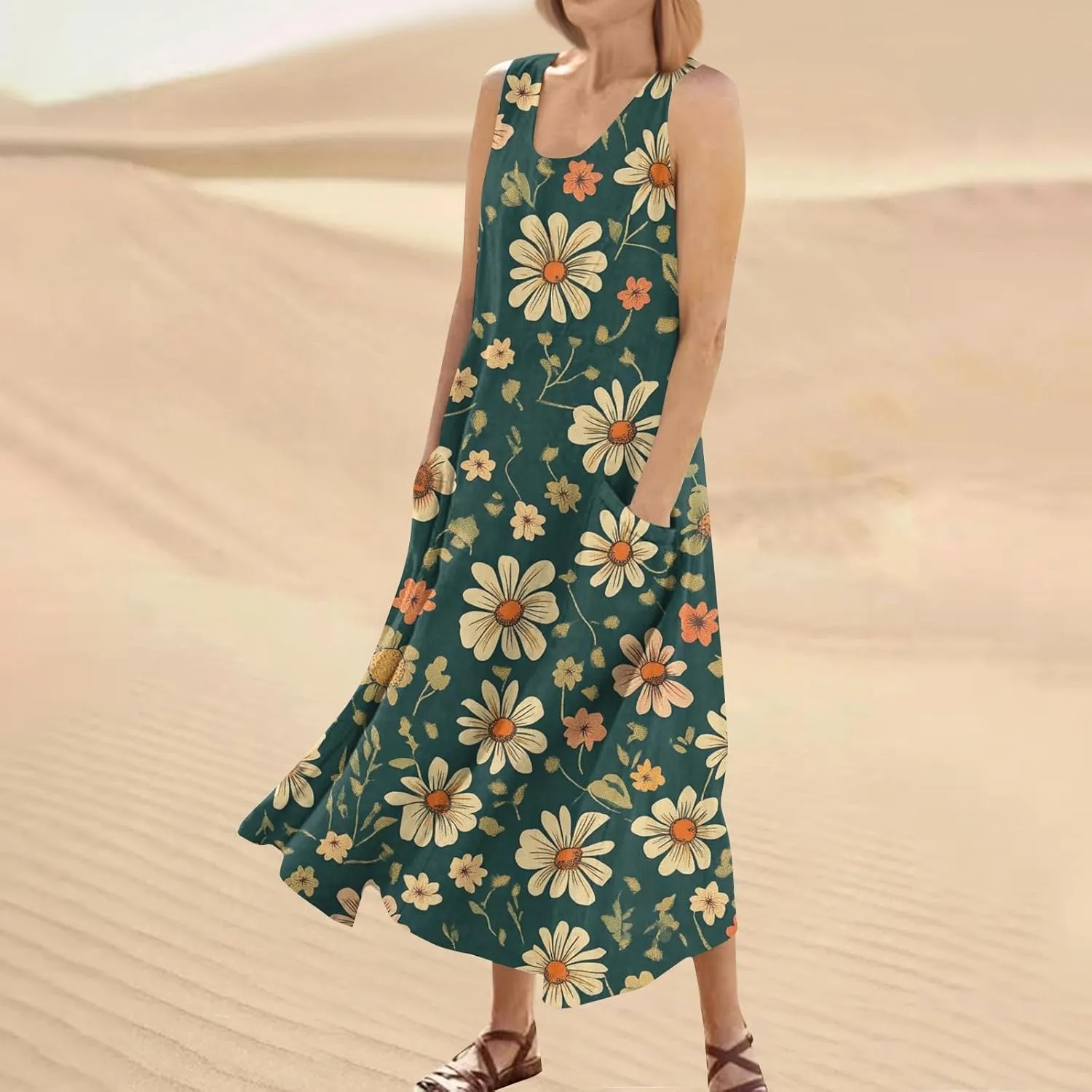KUIOLYPOER Women Summer Dresses 2025 Casual Button V Neck Pocket Holiday Dress Floral Sundress Boho Beach Dress