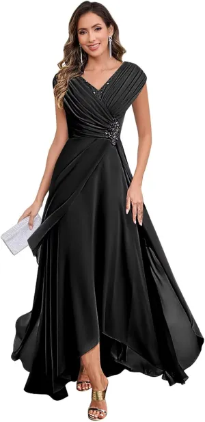 Lace Applique Mother of The Bride Dresses for Wedding Cap Sleeve Formal Dress Ruched Chiffon Evening Gown