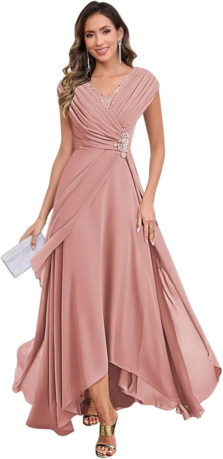 Lace Applique Mother of The Bride Dresses for Wedding Cap Sleeve Formal Dress Ruched Chiffon Evening Gown
