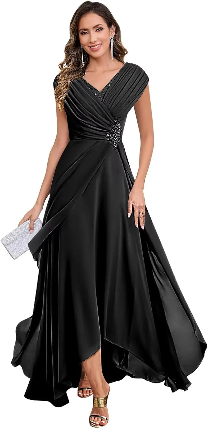 Lace Applique Mother of The Bride Dresses for Wedding Cap Sleeve Formal Dress Ruched Chiffon Evening Gown
