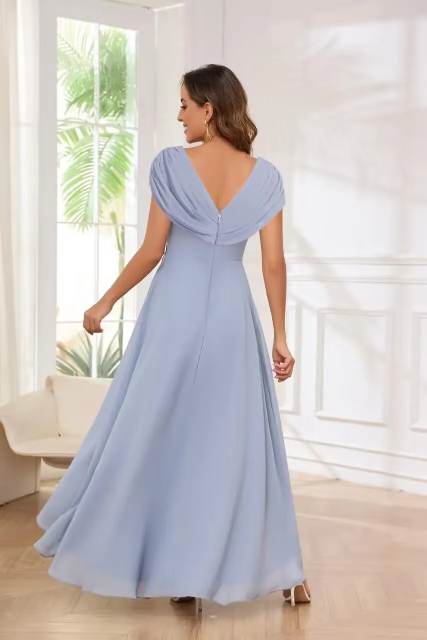 Lace Applique Mother of The Bride Dresses for Wedding Cap Sleeve Formal Dress Ruched Chiffon Evening Gown