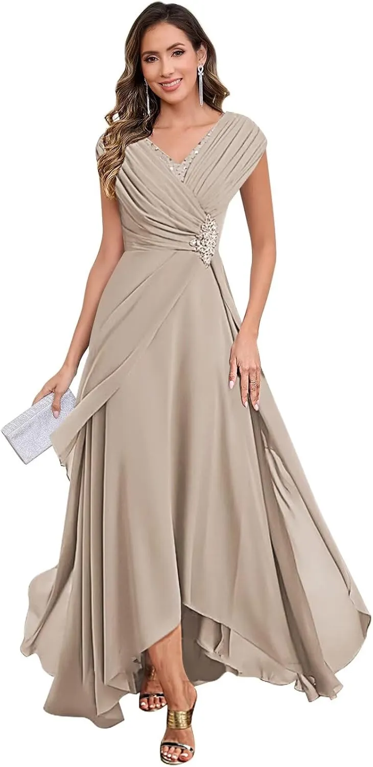 Lace Applique Mother of The Bride Dresses for Wedding Cap Sleeve Formal Dress Ruched Chiffon Evening Gown