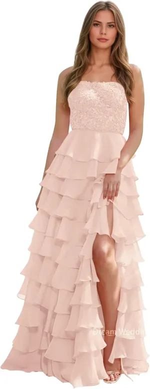 Lace Appliques Chiffon Prom Dress for Women A Line Tiered Ruffled Formal Evening Gowns with Slit Backless DR0789