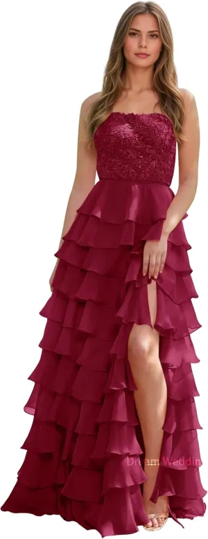 Lace Appliques Chiffon Prom Dress for Women A Line Tiered Ruffled Formal Evening Gowns with Slit Backless DR0789