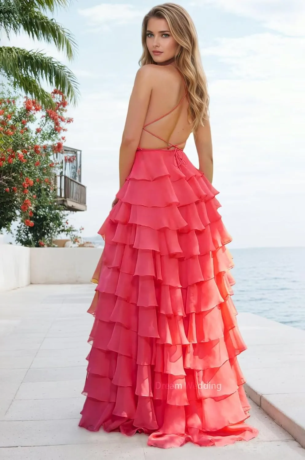 Lace Appliques Chiffon Prom Dress for Women A Line Tiered Ruffled Formal Evening Gowns with Slit Backless DR0789
