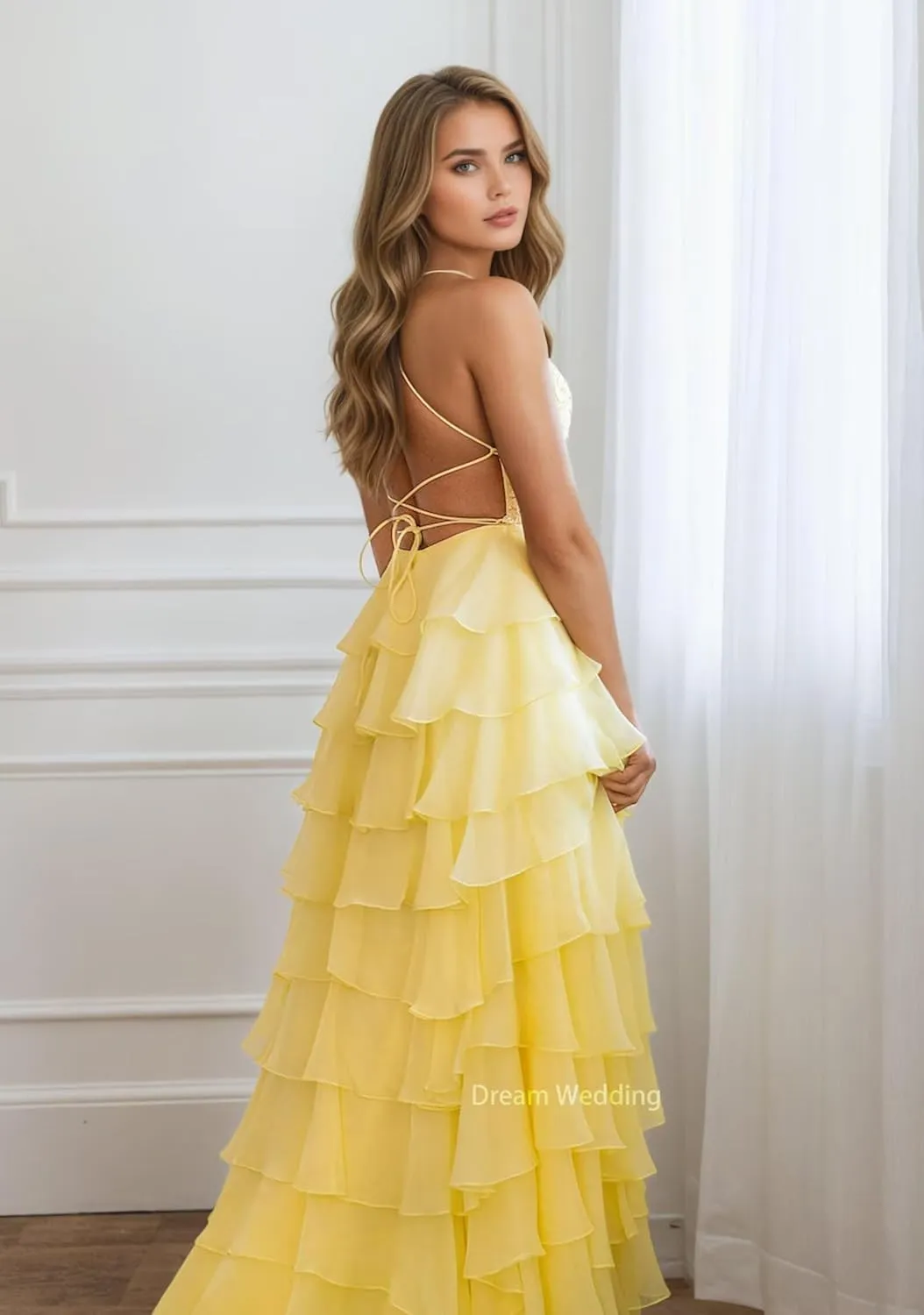 Lace Appliques Chiffon Prom Dress for Women A Line Tiered Ruffled Formal Evening Gowns with Slit Backless DR0789