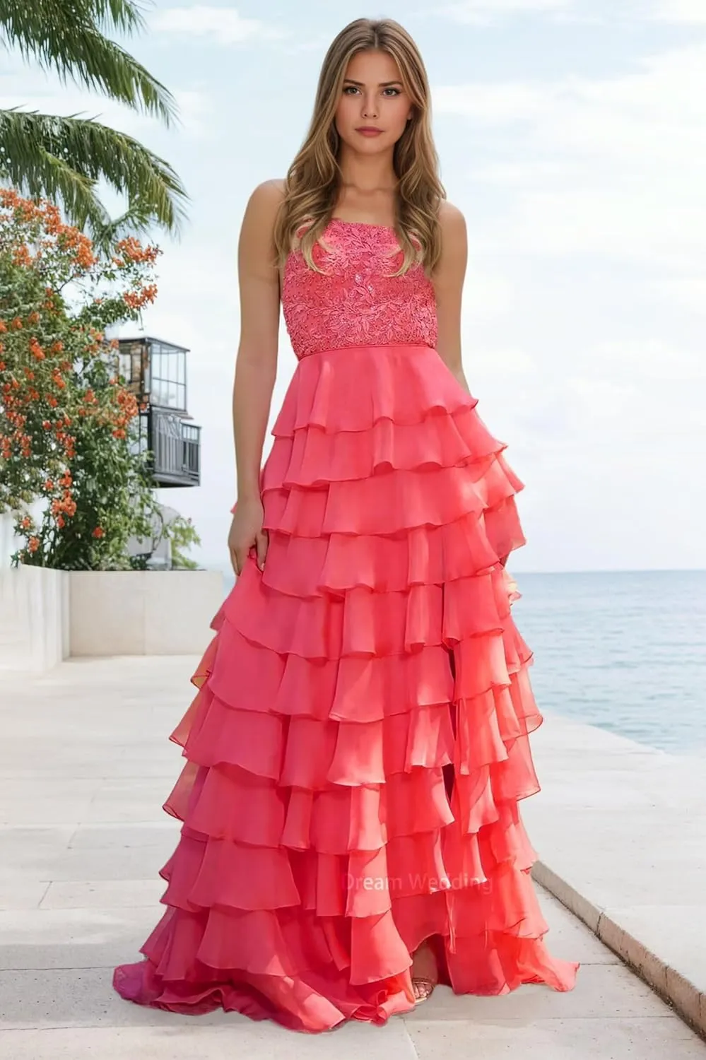 Lace Appliques Chiffon Prom Dress for Women A Line Tiered Ruffled Formal Evening Gowns with Slit Backless DR0789