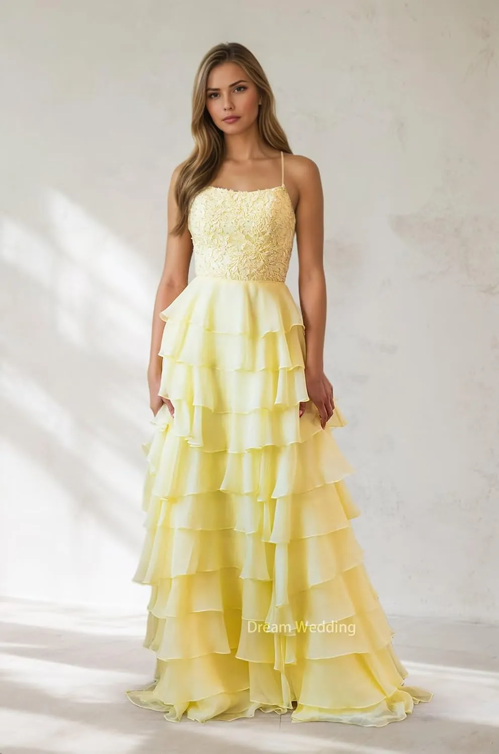 Lace Appliques Chiffon Prom Dress for Women A Line Tiered Ruffled Formal Evening Gowns with Slit Backless DR0789