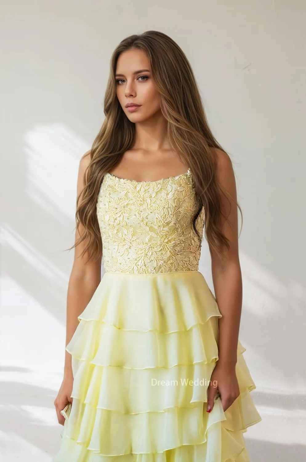 Lace Appliques Chiffon Prom Dress for Women A Line Tiered Ruffled Formal Evening Gowns with Slit Backless DR0789