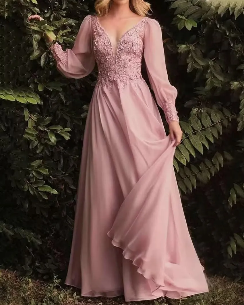 Lace Appliques Mother of The Bride Dresses Long Sleeve Formal Evening Gown Chiffon V-Neck Wedding Guest Dresses