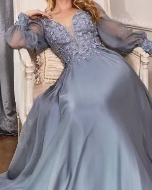 Lace Appliques Mother of The Bride Dresses Long Sleeve Formal Evening Gown Chiffon V-Neck Wedding Guest Dresses