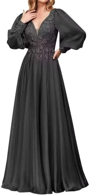 Lace Appliques Mother of The Bride Dresses Long Sleeve Formal Evening Gown Chiffon V-Neck Wedding Guest Dresses