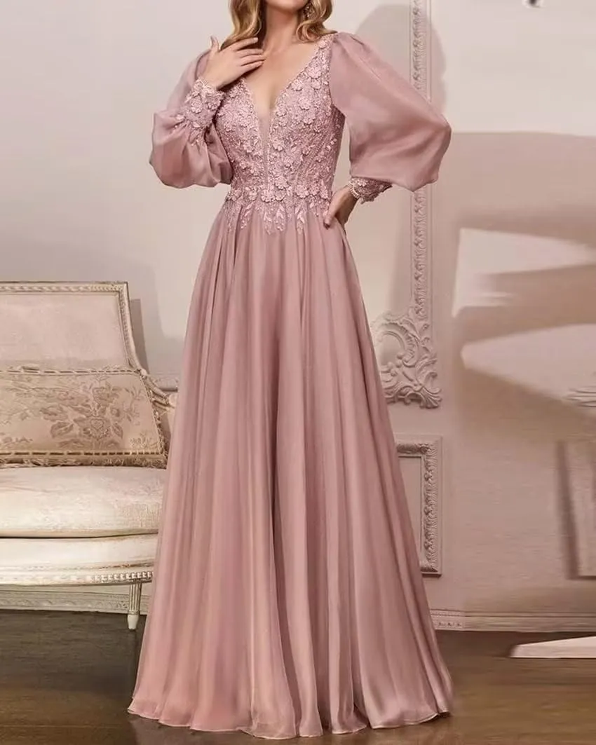 Lace Appliques Mother of The Bride Dresses Long Sleeve Formal Evening Gown Chiffon V-Neck Wedding Guest Dresses