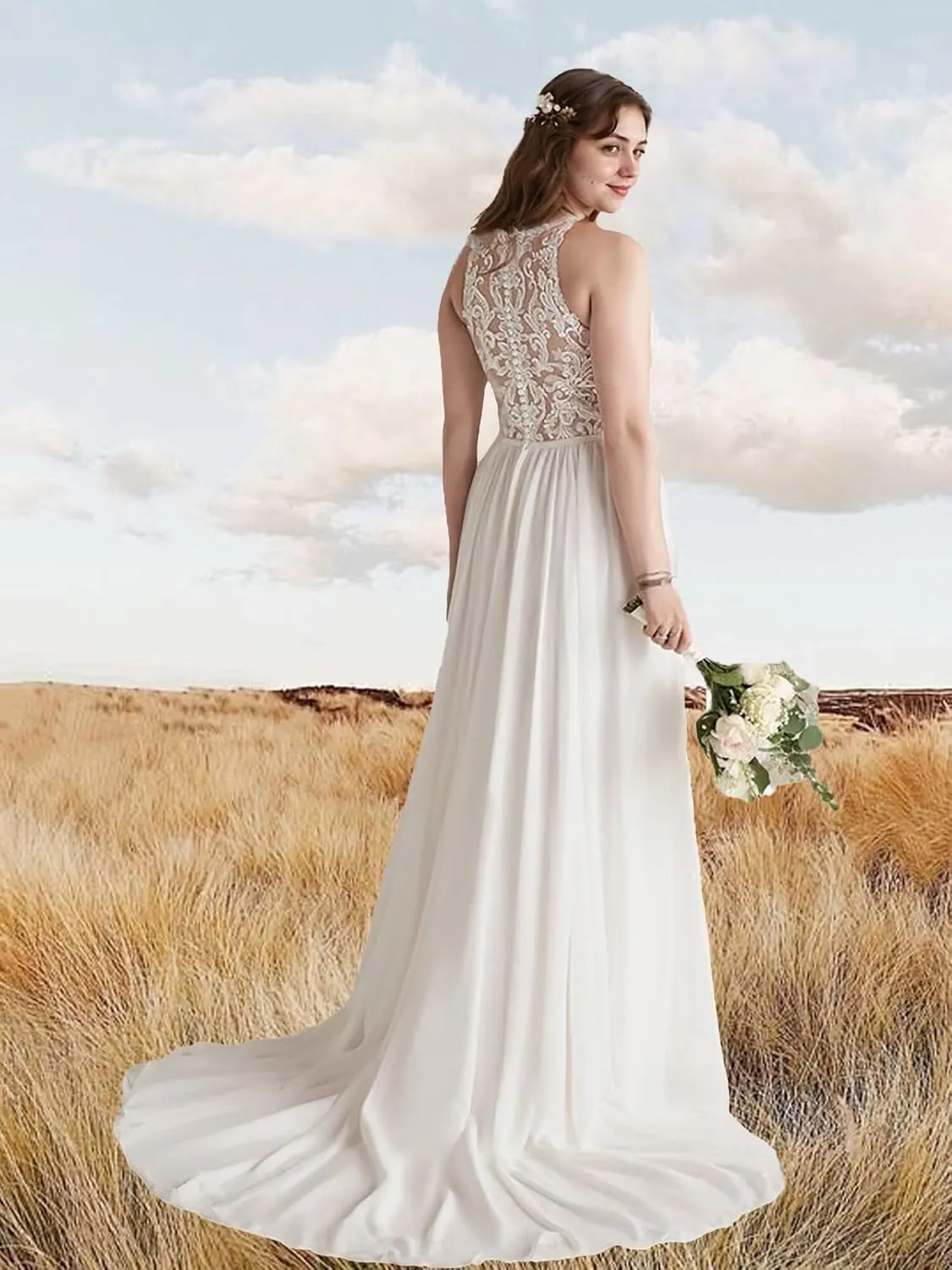 Lace Beach Wedding Dresses for Bride 2025 Long Boho Floral Bridal Wedding Gowns for Women