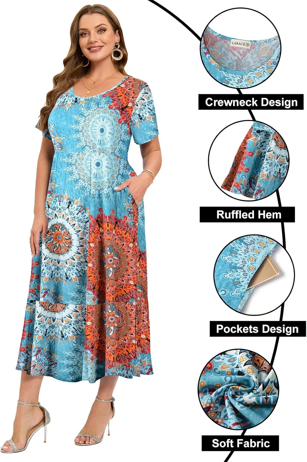 LARACE Plus Size Dresses for Women Summer Casual Short Sleeve Long Dress Flowy Maxi Beach Dresses with Pockets L-6XL