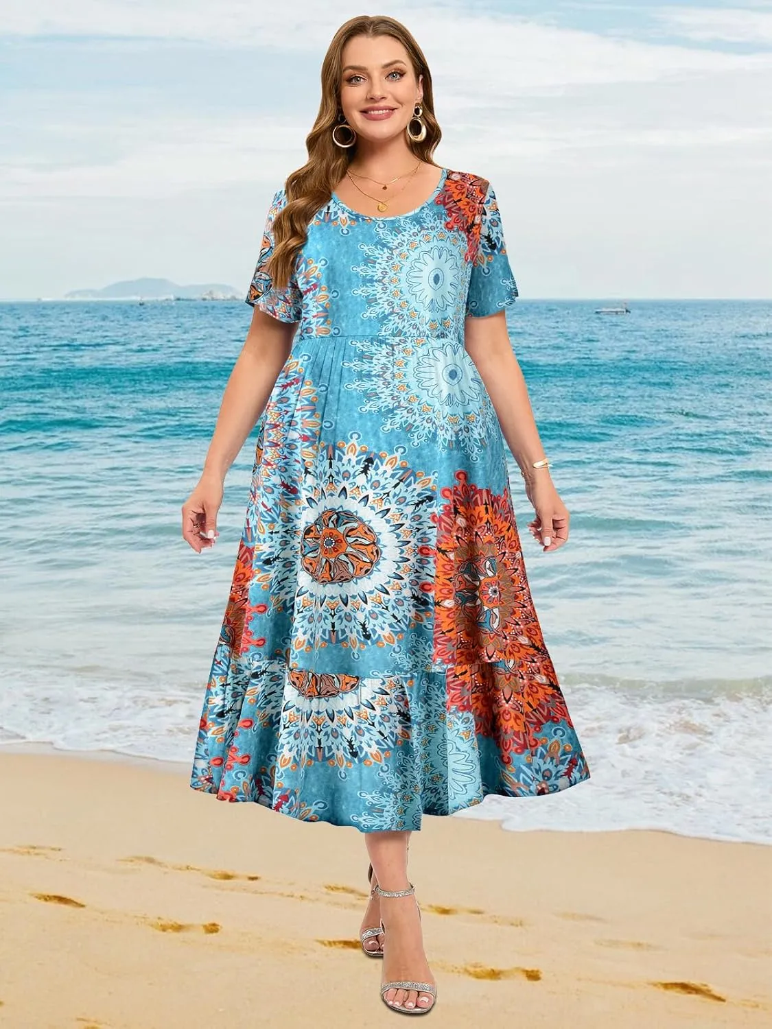 LARACE Plus Size Dresses for Women Summer Casual Short Sleeve Long Dress Flowy Maxi Beach Dresses with Pockets L-6XL