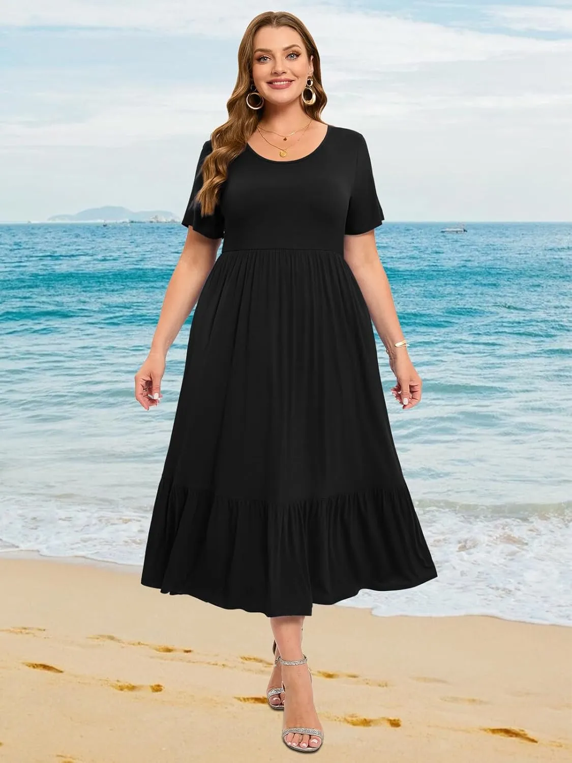 LARACE Plus Size Dresses for Women Summer Casual Short Sleeve Long Dress Flowy Maxi Beach Dresses with Pockets L-6XL