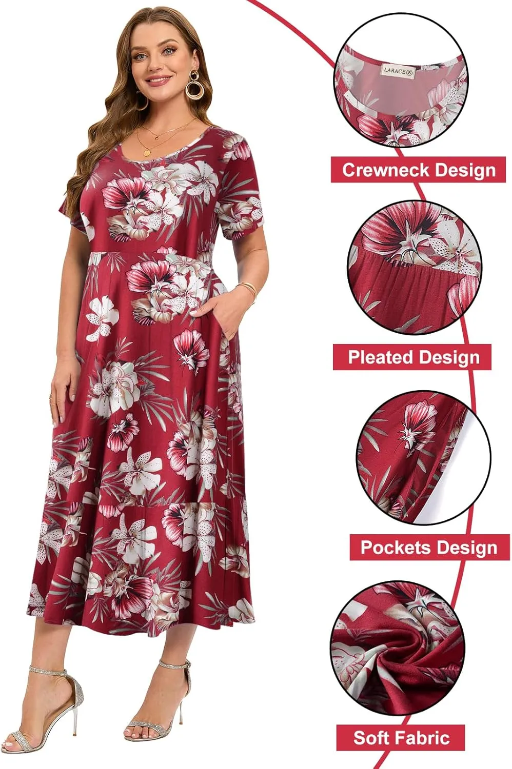 LARACE Plus Size Dresses for Women Summer Casual Short Sleeve Long Dress Flowy Maxi Beach Dresses with Pockets L-6XL