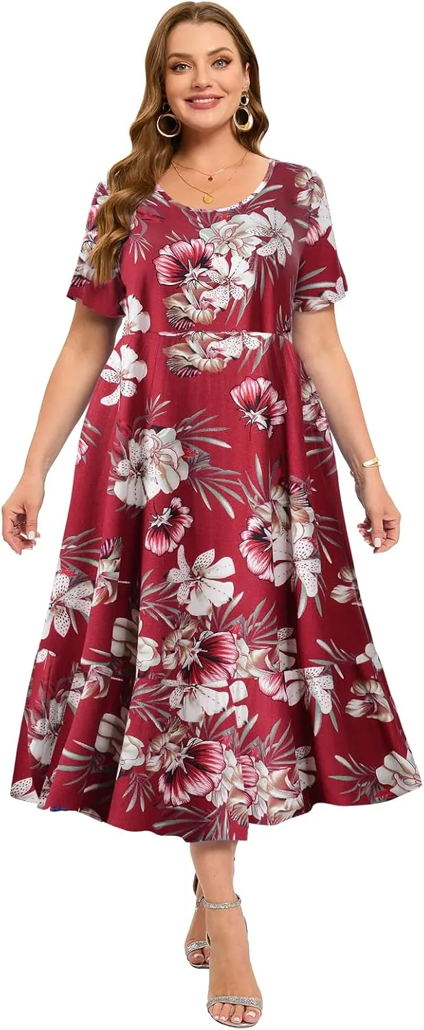 LARACE Plus Size Dresses for Women Summer Casual Short Sleeve Long Dress Flowy Maxi Beach Dresses with Pockets L-6XL