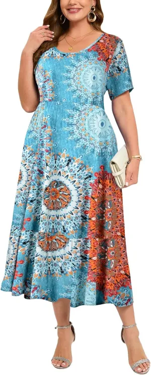 LARACE Plus Size Dresses for Women Summer Casual Short Sleeve Long Dress Flowy Maxi Beach Dresses with Pockets L-6XL