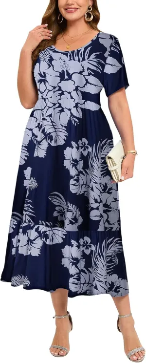 LARACE Plus Size Dresses for Women Summer Casual Short Sleeve Long Dress Flowy Maxi Beach Dresses with Pockets L-6XL