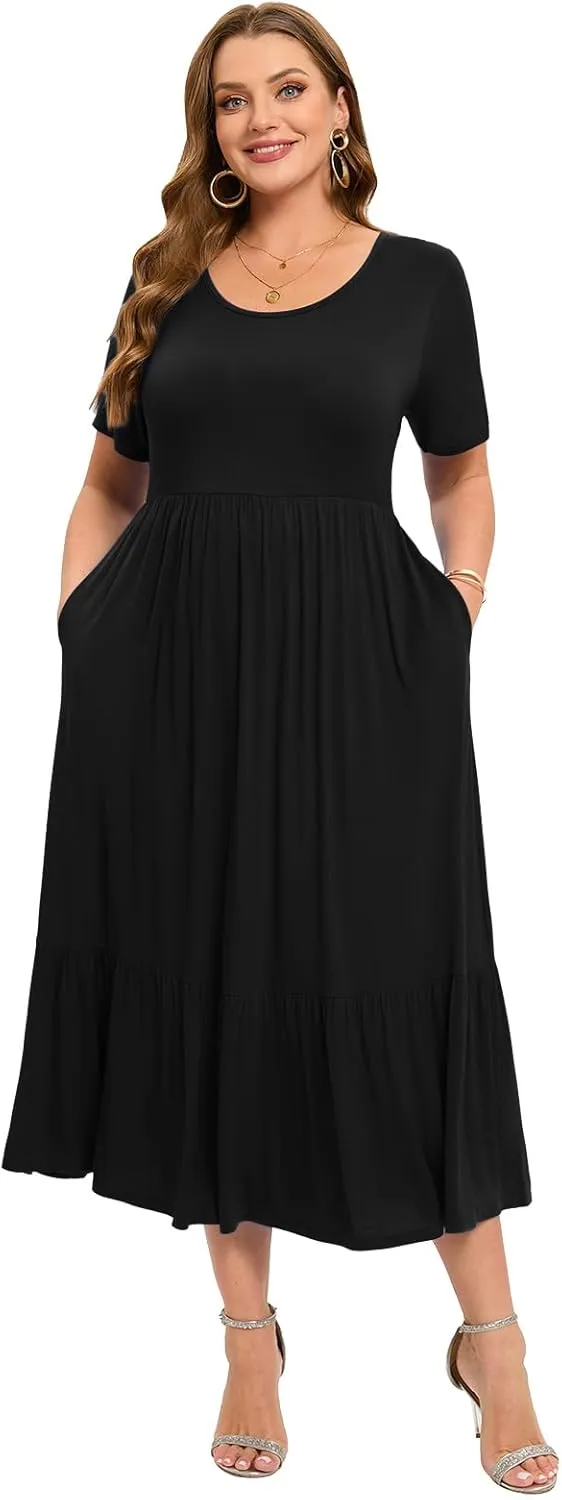 LARACE Plus Size Dresses for Women Summer Casual Short Sleeve Long Dress Flowy Maxi Beach Dresses with Pockets L-6XL