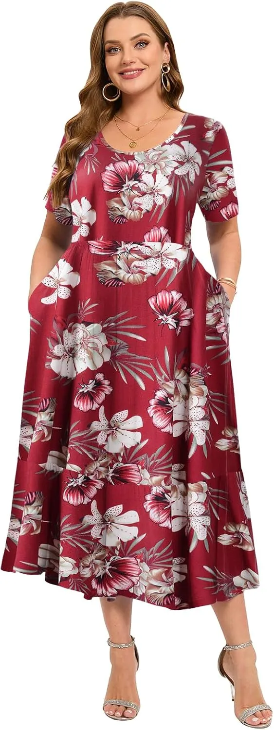 LARACE Plus Size Dresses for Women Summer Casual Short Sleeve Long Dress Flowy Maxi Beach Dresses with Pockets L-6XL