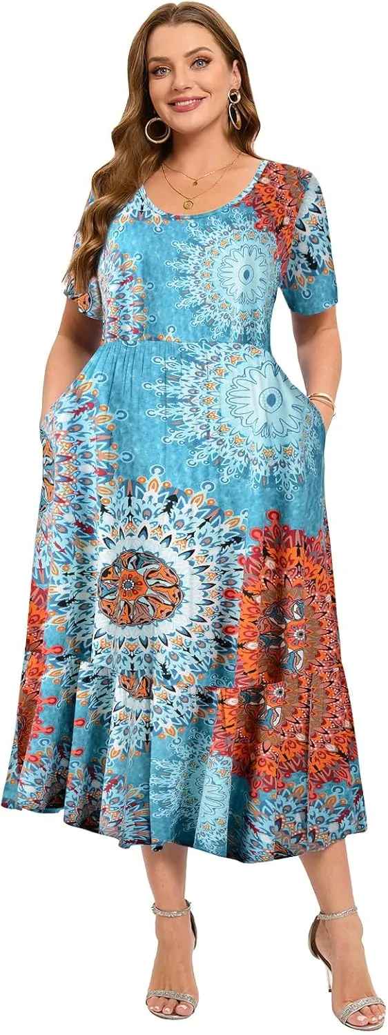 LARACE Plus Size Dresses for Women Summer Casual Short Sleeve Long Dress Flowy Maxi Beach Dresses with Pockets L-6XL