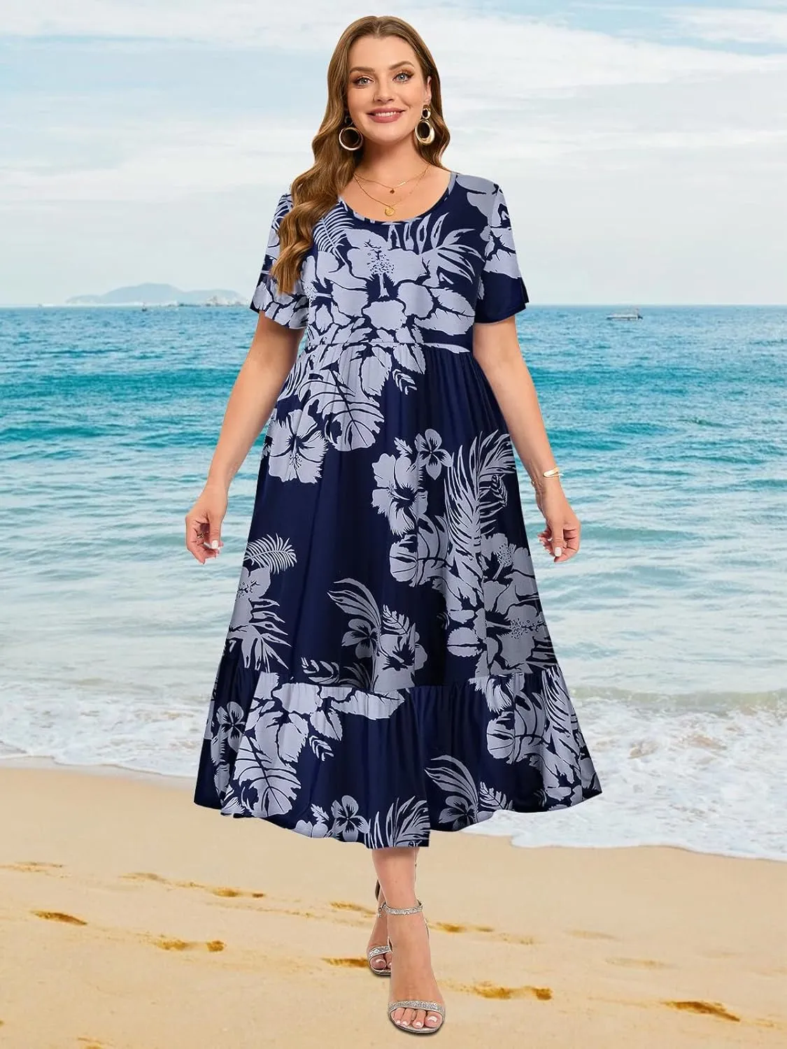 LARACE Plus Size Dresses for Women Summer Casual Short Sleeve Long Dress Flowy Maxi Beach Dresses with Pockets L-6XL
